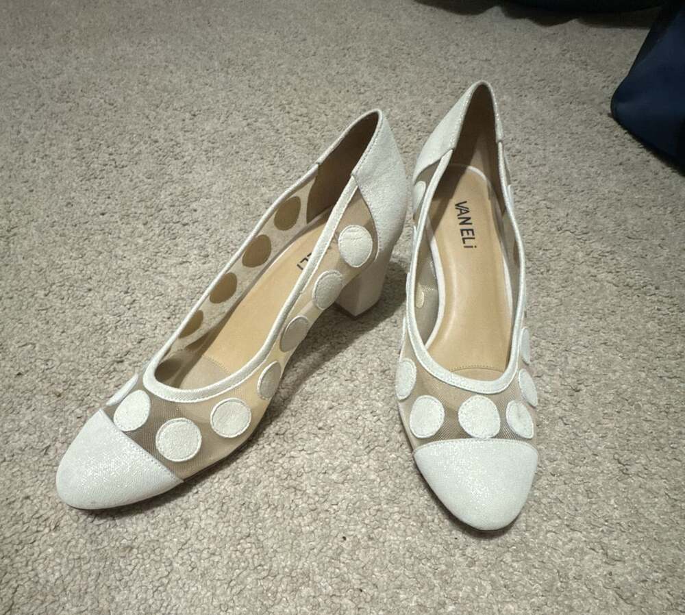 Vaneli Delvin Pumps White Mesh Polka Dot Block Heel Shoes
